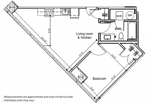 Floor plan for 1 bed, 1 bath, 594 sqft